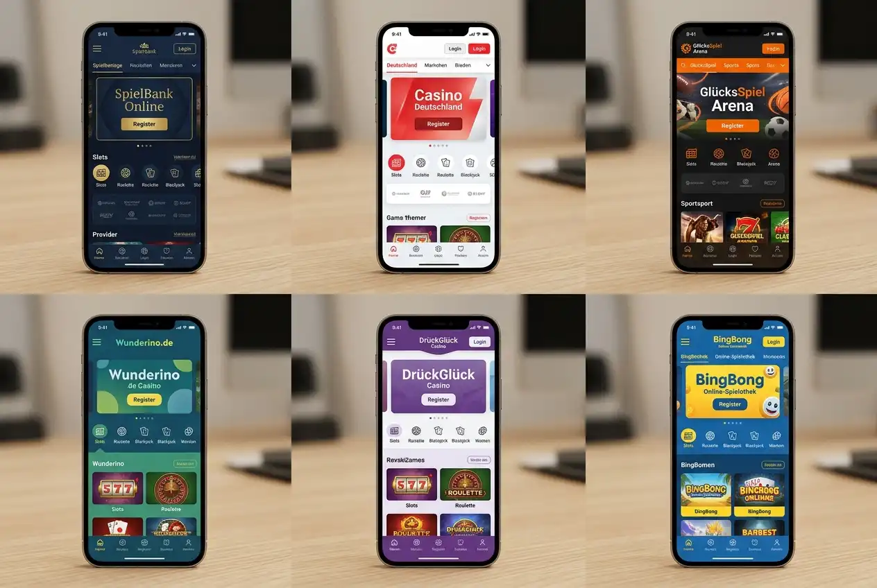 Vergleichstabelle verschiedener Casino-Homepages mit GGL-Lizenz auf Smartphone-Bildschirmen