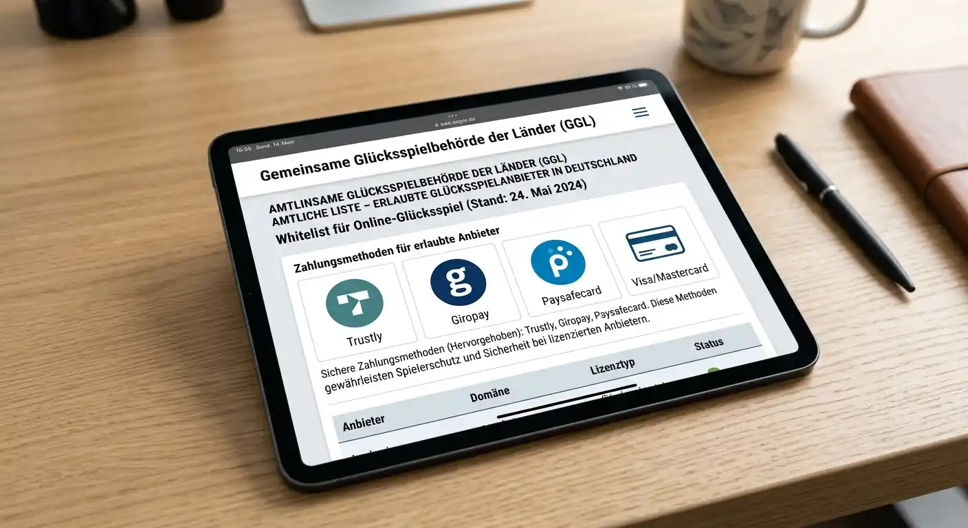 Übersicht der GGL-Whitelist mit hervorgehobenen Zahlungsmethoden-Icons
