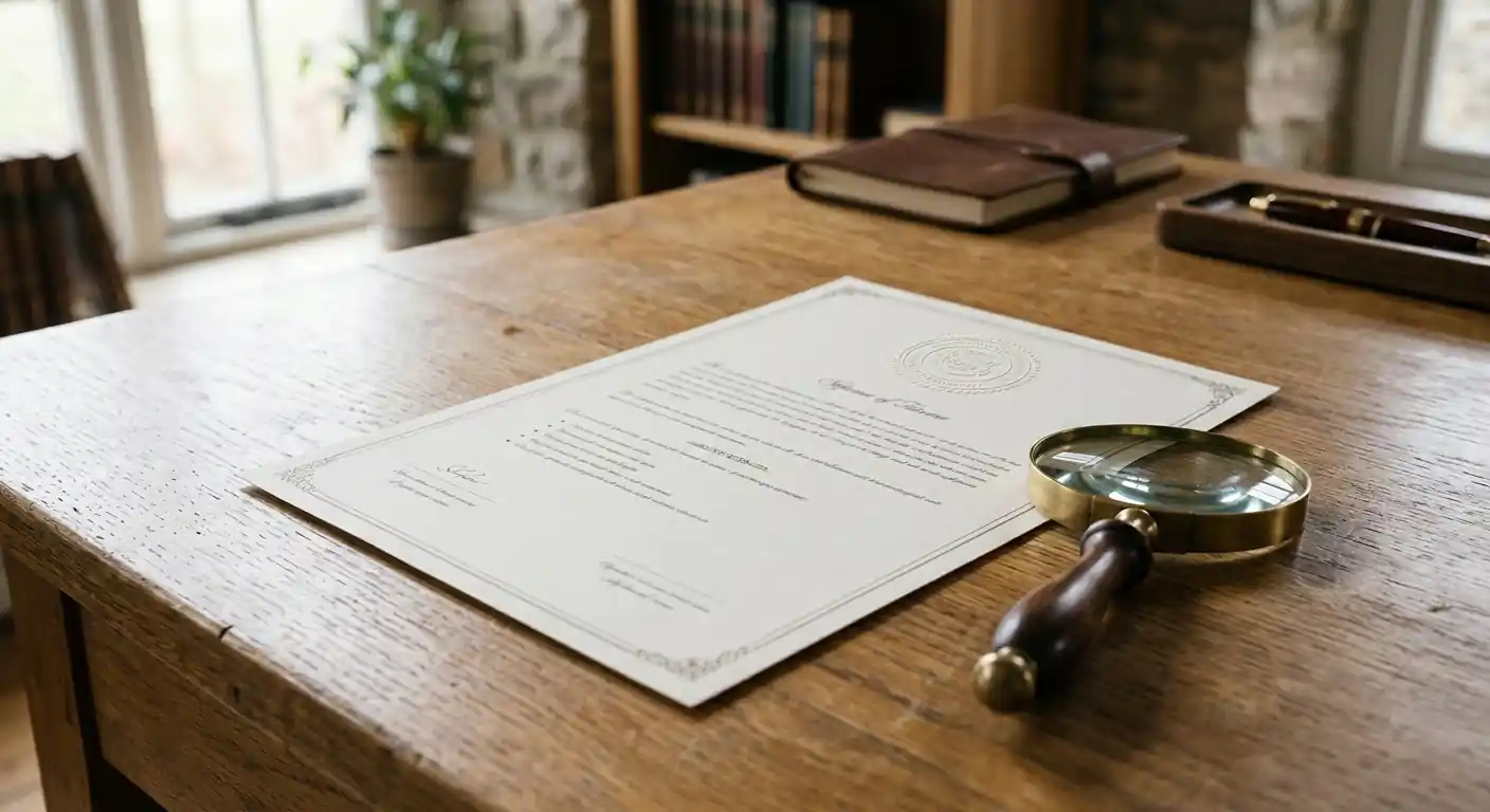Offizielles Dokument mit Stempel und Lupe auf ordentlichem Schreibtisch