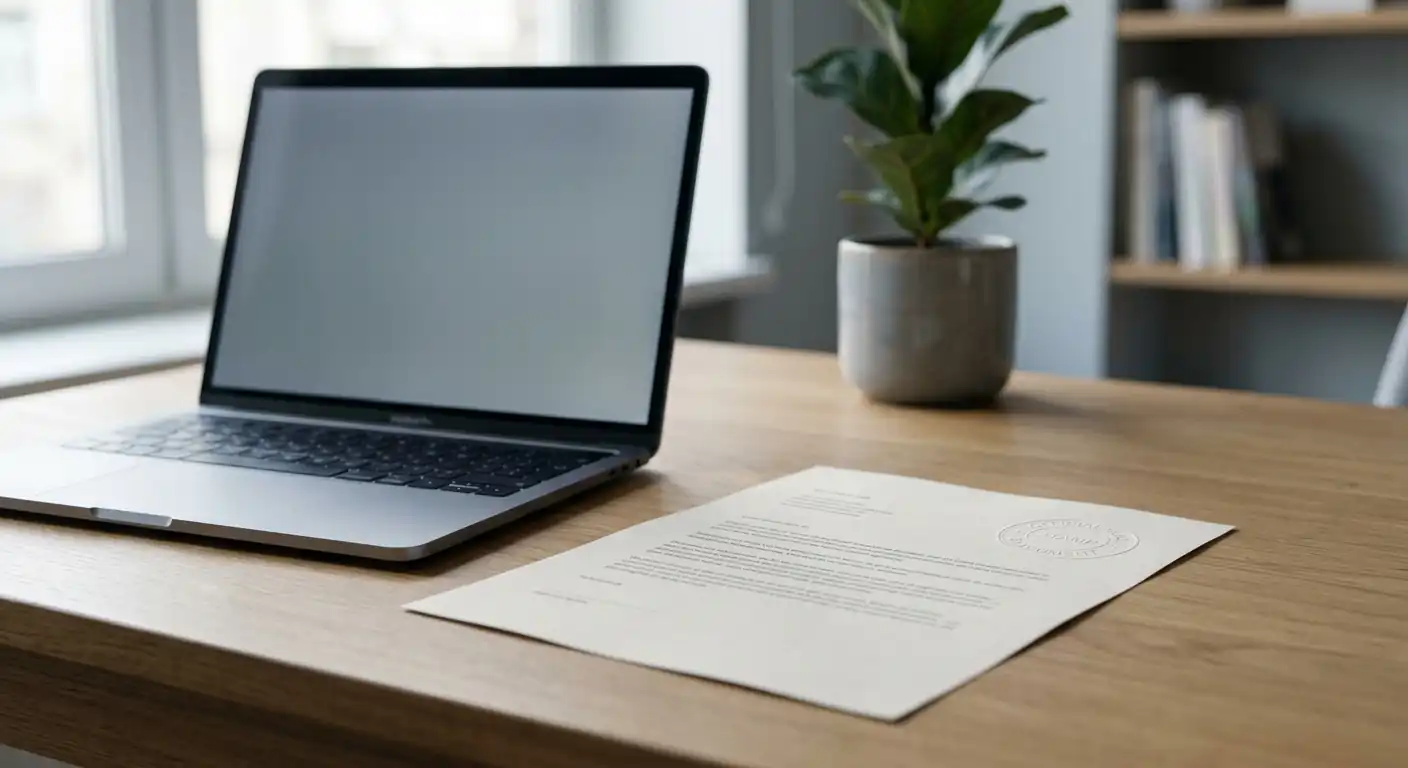 Neutrales Lizenzdokument mit amtlichem Stempel neben einem Laptop im Tageslicht