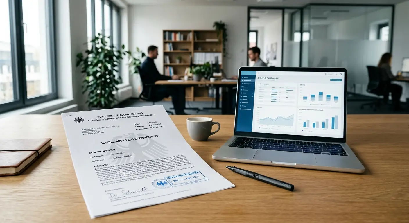 Moderne Büroumgebung mit offiziellen Dokumenten und Laptop