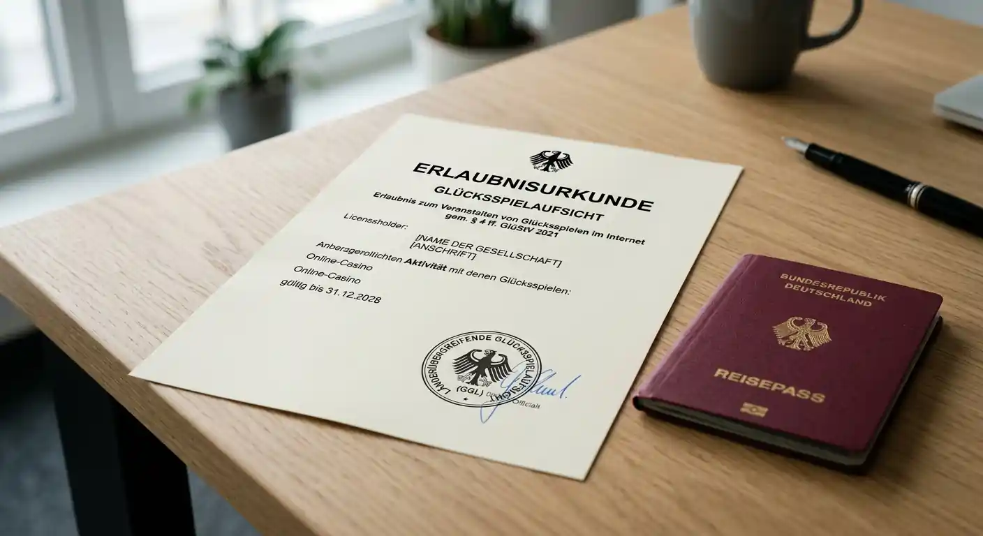 GGL-Lizenz-Dokument auf einem Schreibtisch neben einem deutschen Reisepass