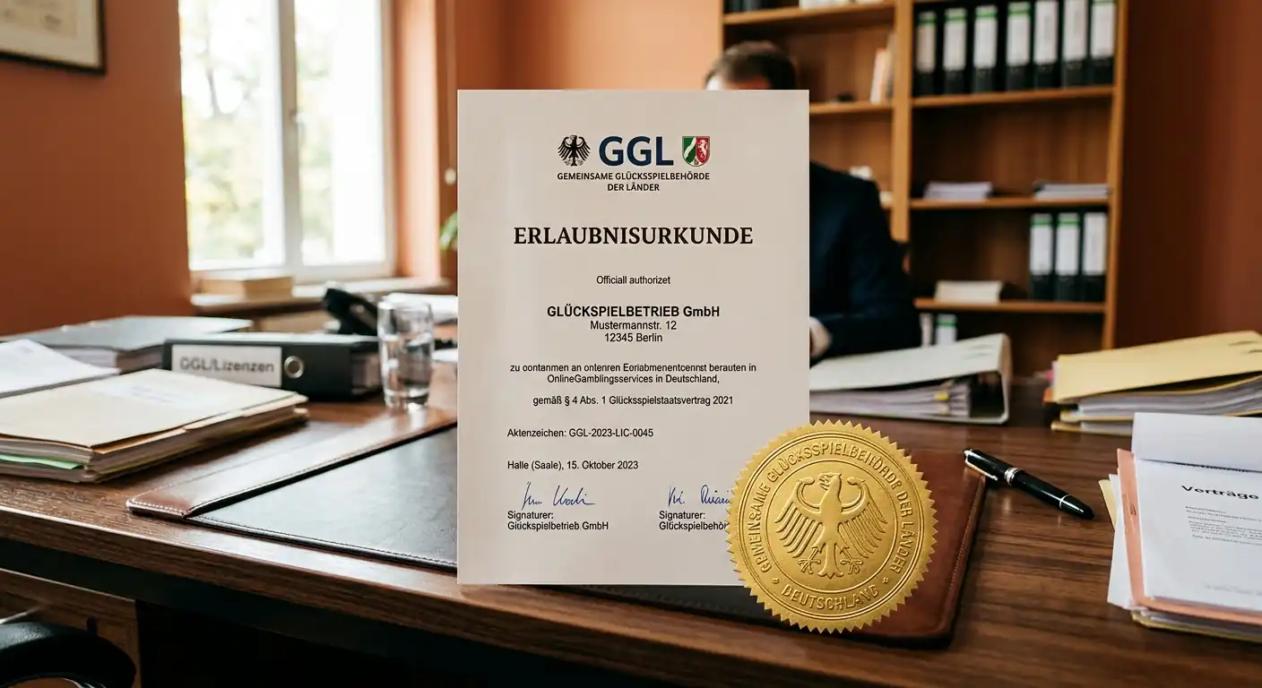 Offizielle Lizenzurkunde der deutschen Glücksspielbehörde auf einem aufgeräumten Schreibtisch