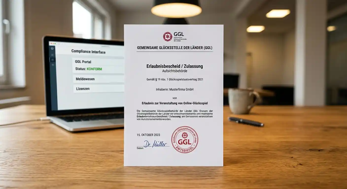 Offizielles Dokument der GGL mit Lizenzstempel und neutralem Interface im Hintergrund