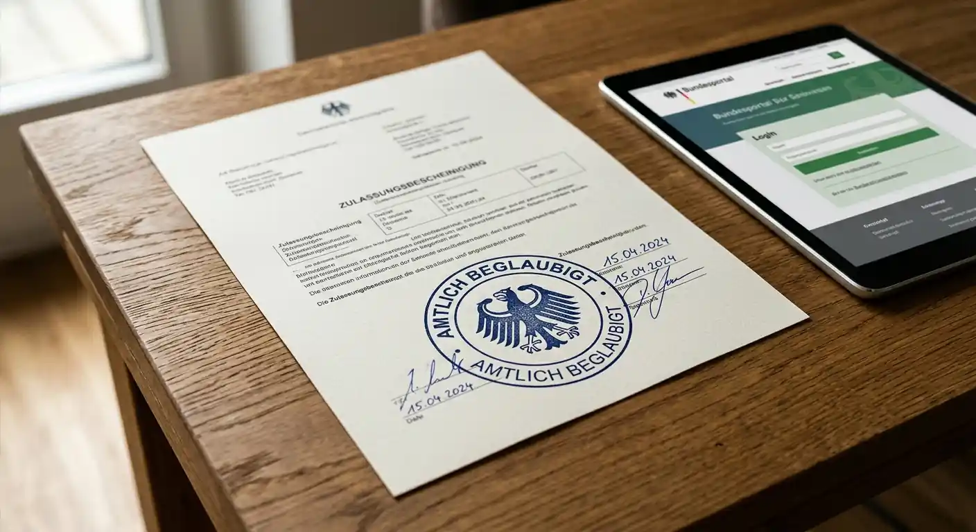Offizielles deutsches Lizenzdokument mit GGL-Stempel auf Schreibtisch