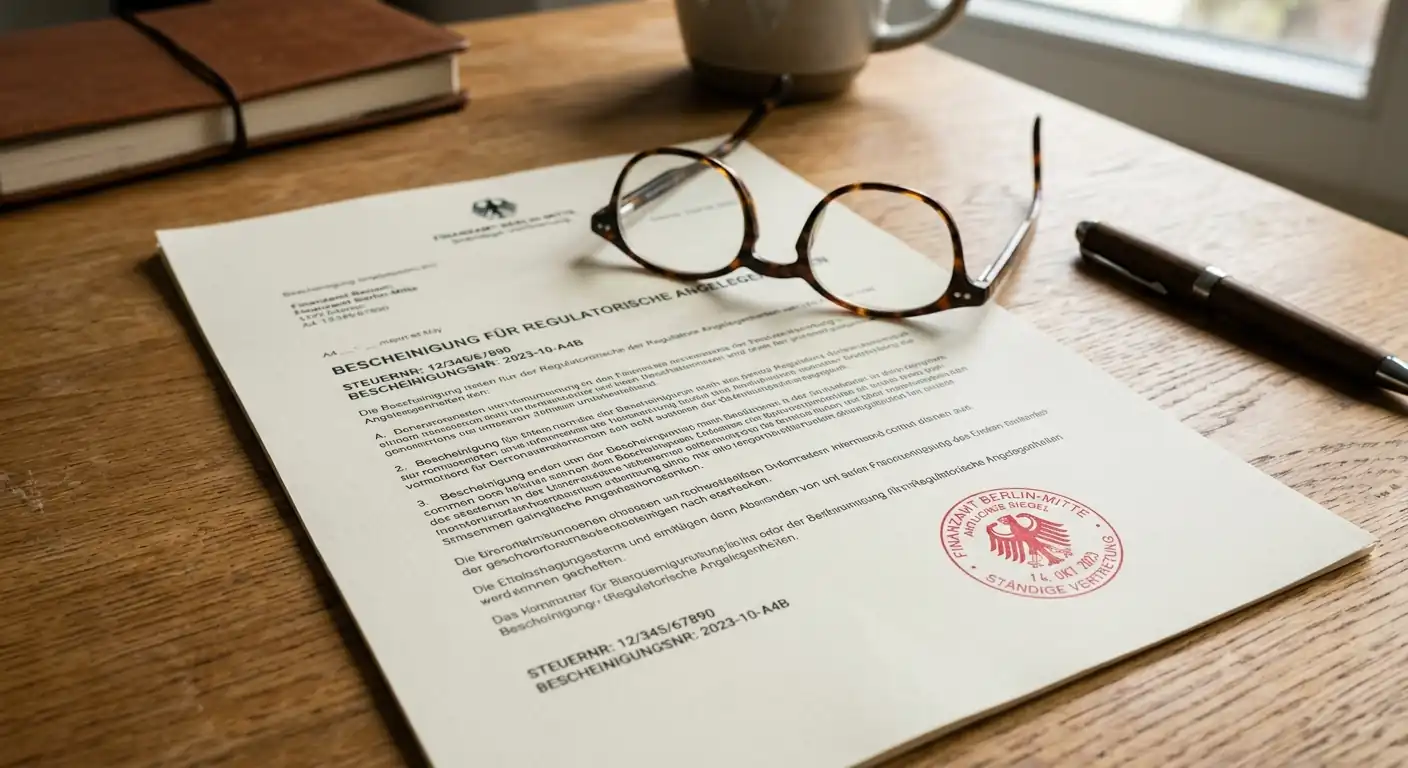 Offizielles Regulierungsdokument mit deutschem Stempel auf Schreibtisch