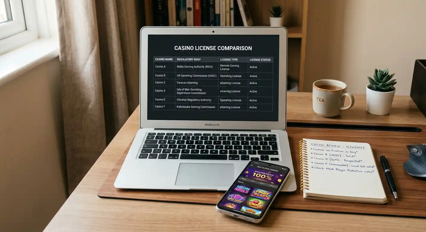 Laptop mit geöffneter Casino-Vergleichstabelle und Notizen auf einem Schreibtisch