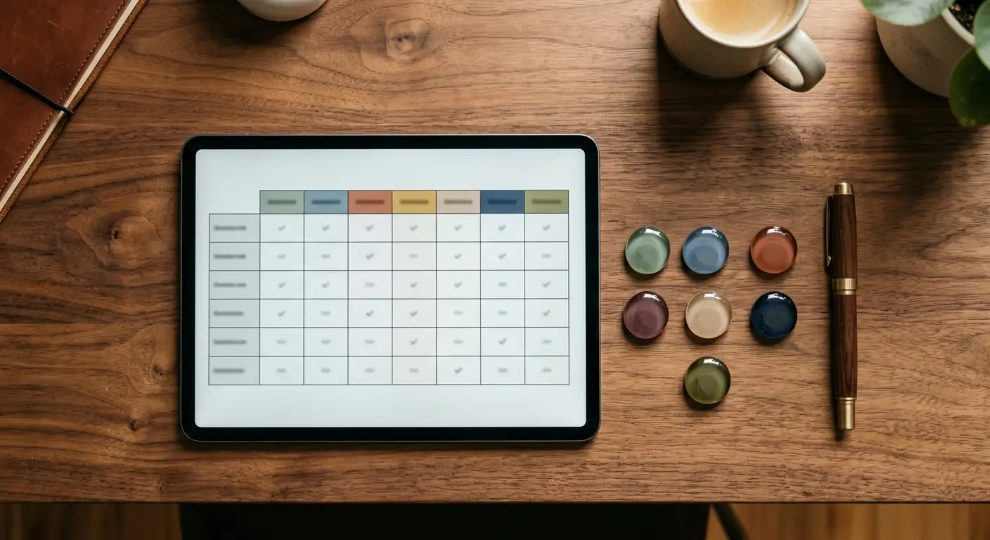 Tablet mit Vergleichstabelle neben acht farbigen Glas-Chips und Füller auf Holzschreibtisch