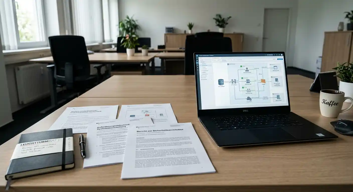 Offizielle Dokumente und Laptop zeigen LUGAS-Systemarchitektur und technische Anforderungen