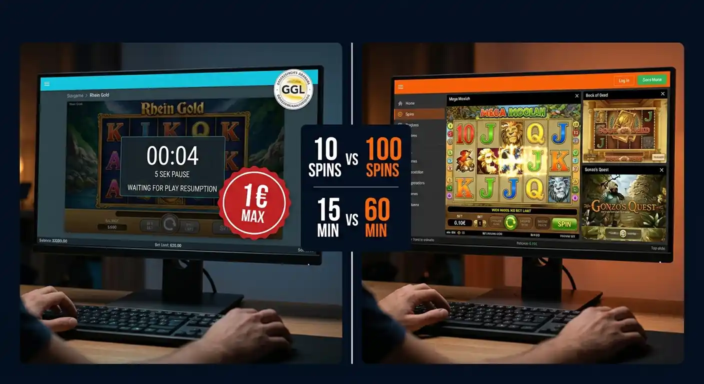 Vergleich zwischen GGL-lizenziertem Casino und Offshore-Anbieter, Nutzer wägt Spielzeit versus rechtliche Sicherheit ab