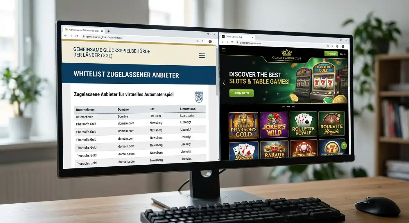 Geteilter Bildschirm mit GGL-Whitelist auf der linken und Offshore-Casino-Liste auf der rechten Seite