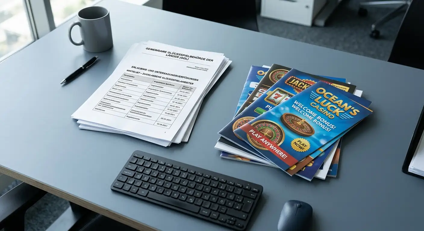 Schreibtisch mit GGL-Whitelist-Dokument und Offshore-Casino-Werbematerial nebeneinander
