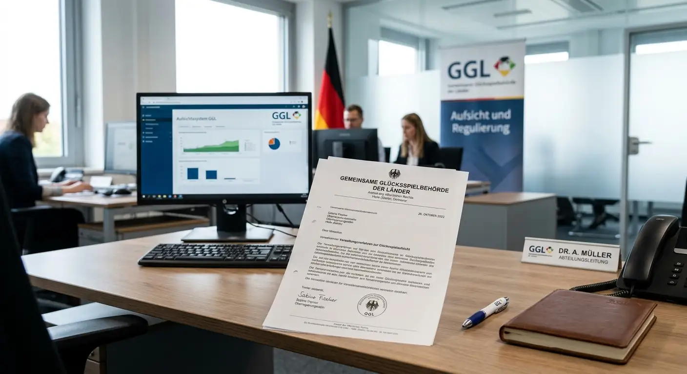Dokument der Gemeinsamen Glücksspielbehörde mit deutscher Flagge