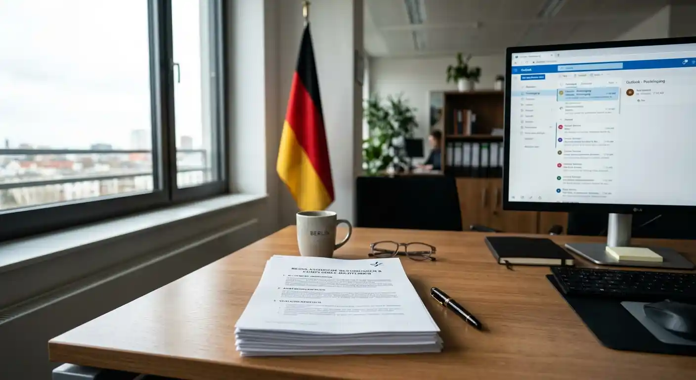 Offizielles Dokument mit deutscher Flagge im Büro-Hintergrund