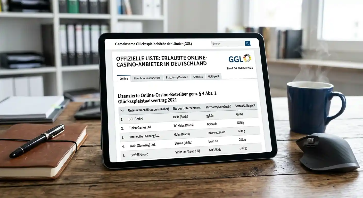 Offizielles GGL-Whitelist-Dokument mit deutschen Casino-Lizenzen auf modernem Tablet