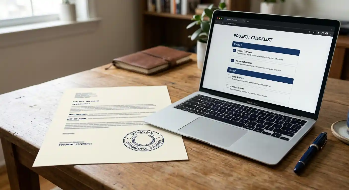 Offizielles Dokument mit Prüfvermerk neben Laptop mit Whitelist-Anzeige