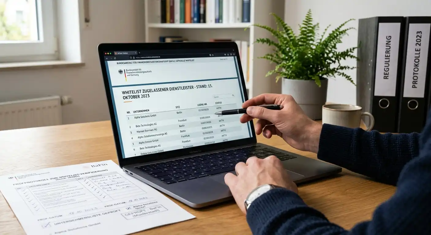 Laptop-Bildschirm mit geöffneter GGL-Whitelist-Webseite und Verifikations-Checkliste