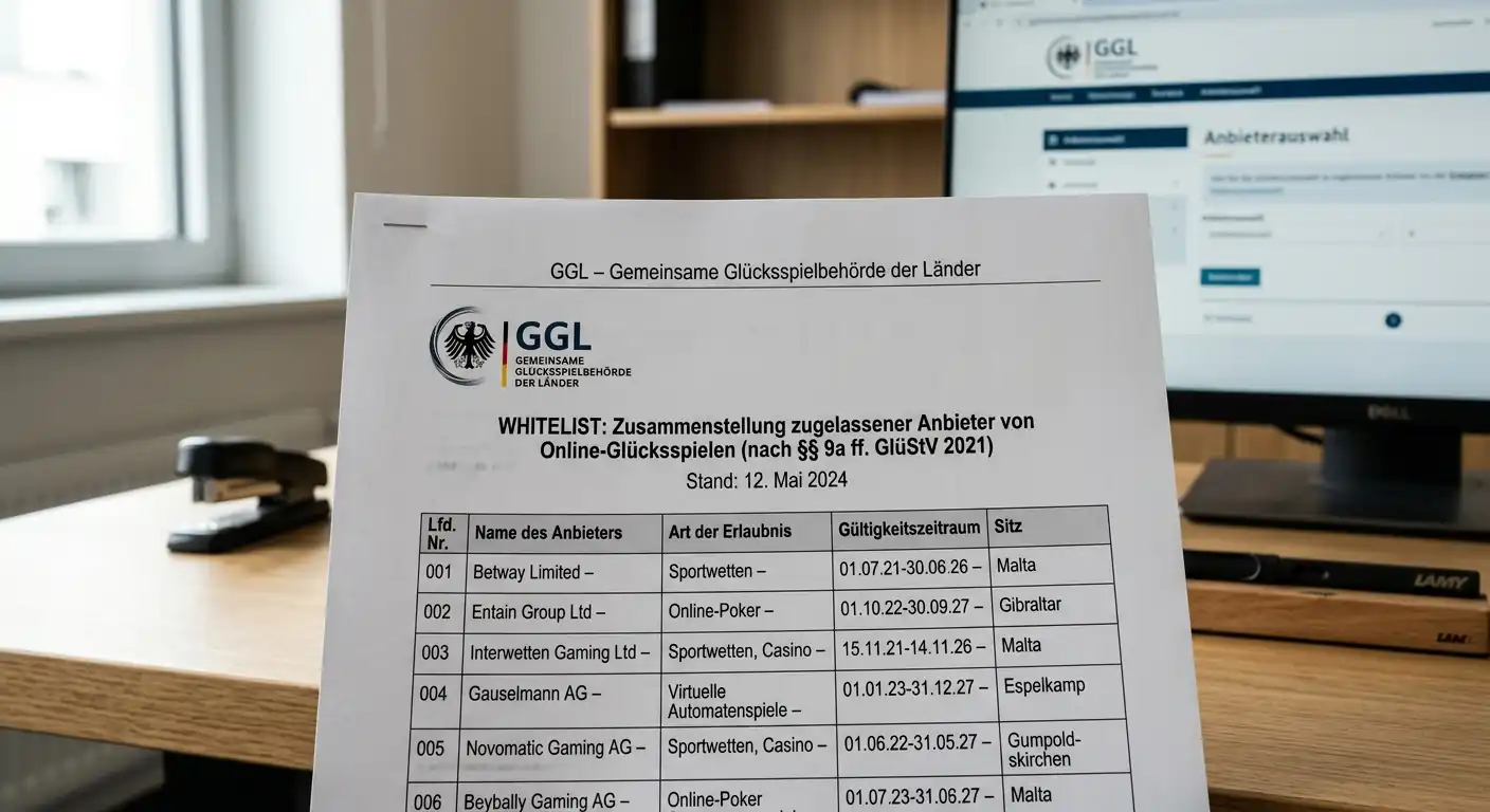 GGL-Whitelist-Dokument mit lizenzierten Casino-Anbietern