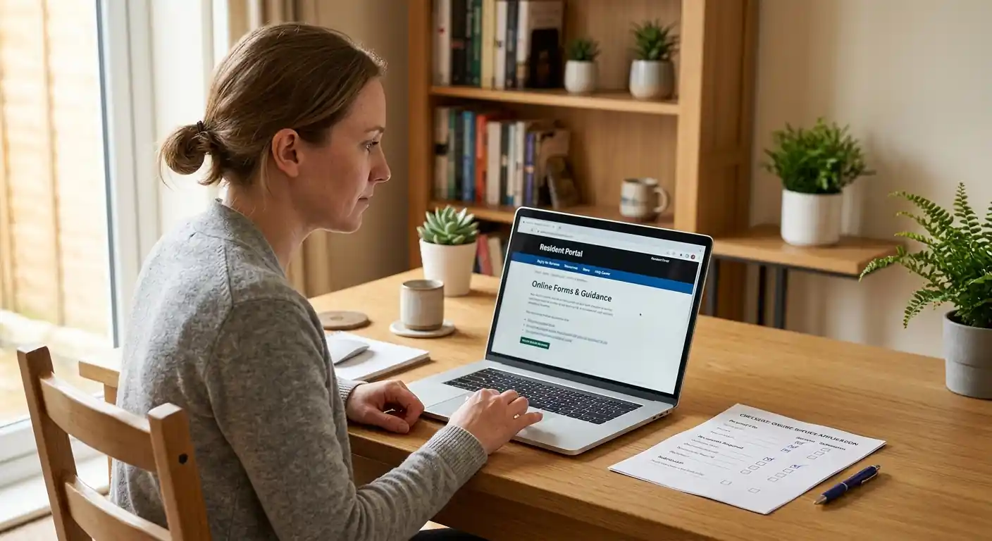 Person am Schreibtisch prüft eine neutrale Behördenwebsite auf dem Laptop