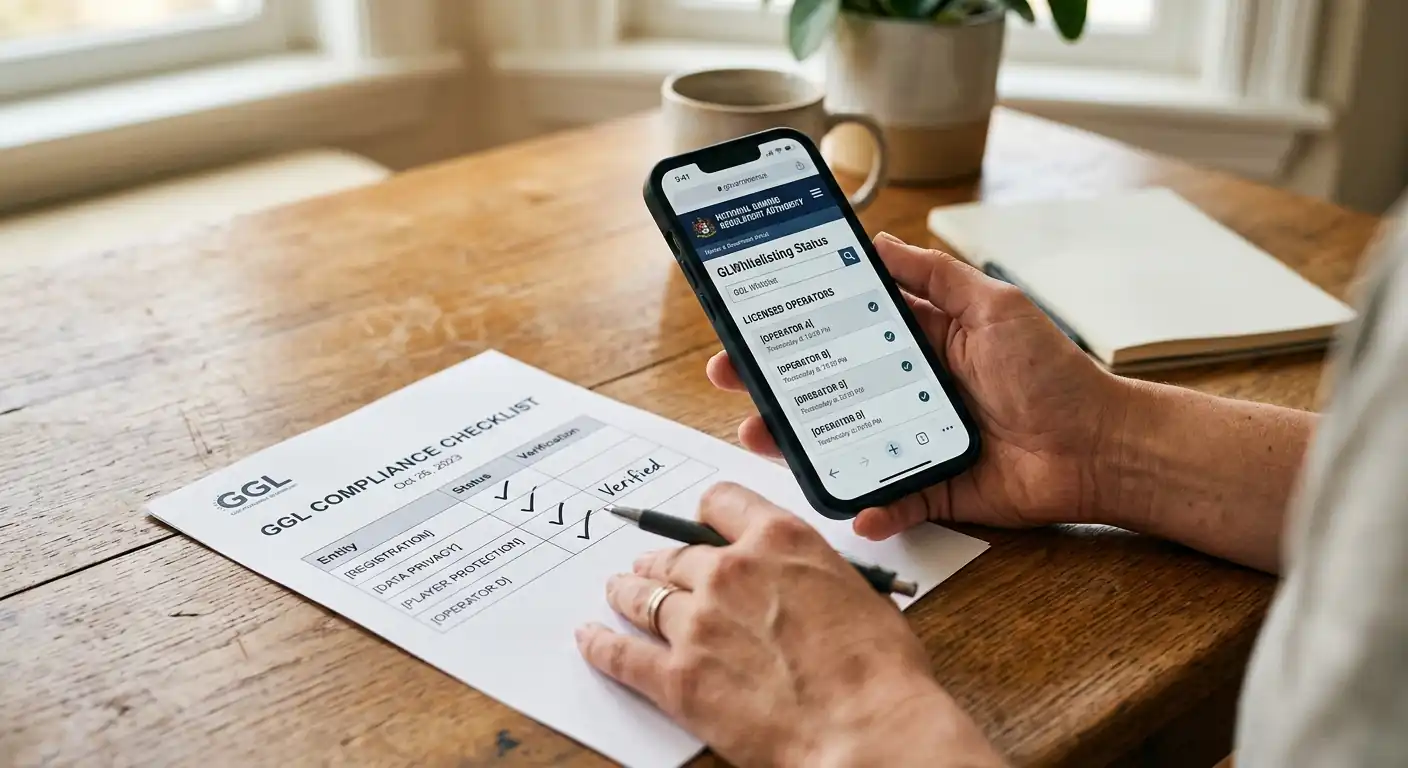 Person prüft GGL-Whitelist auf Smartphone neben gedruckter Checkliste
