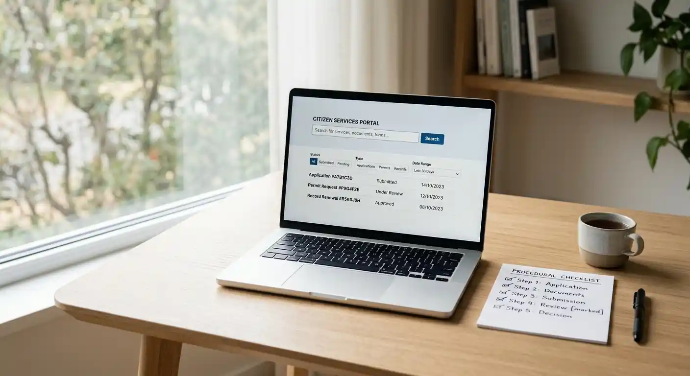Laptop mit einer neutralen Behörden-Suchoberfläche und einer gedruckten Checkliste