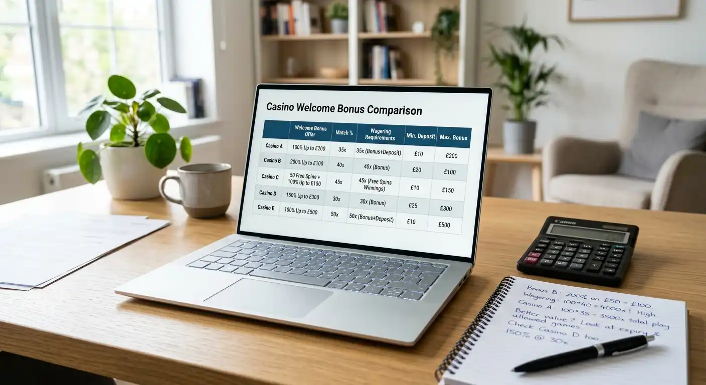 Laptop-Bildschirm mit Casino-Willkommensbonus-Vergleichstabelle, Taschenrechner und Notizblock mit Umsatzbedingungen daneben, helles Büro-Setting, realistische Fotografie ohne Markennamen