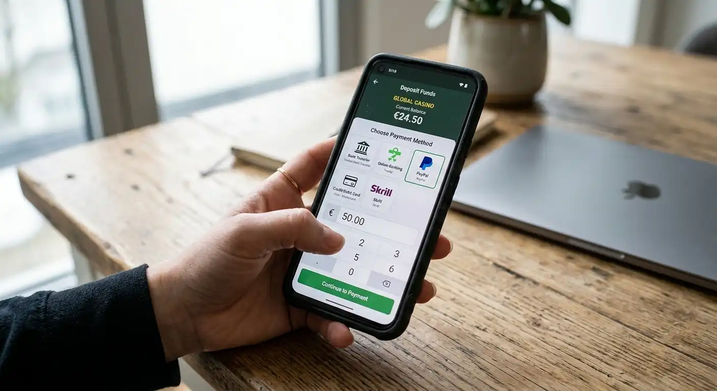 Nahaufnahme einer Smartphone-Hand mit PayPal-App und Casino-Einzahlungsbildschirm, mehrere Zahlungssymbole im Hintergrund, moderne Tischoberfläche, natürliches Tageslicht, realistische Fotografie ohne Markennamen