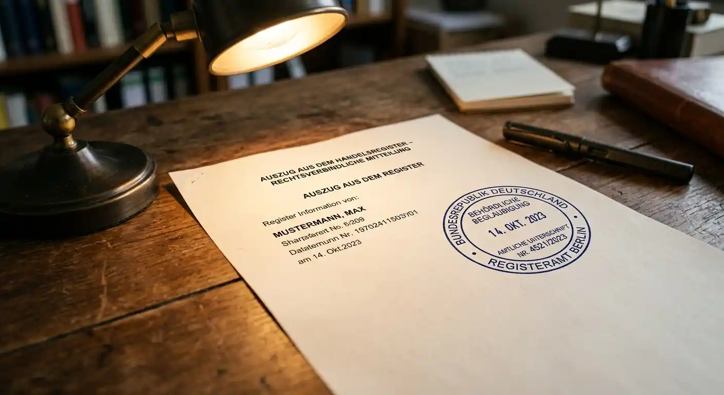 Behördliches Dokument mit Stempel und neutralem Registerauszug auf dem Schreibtisch