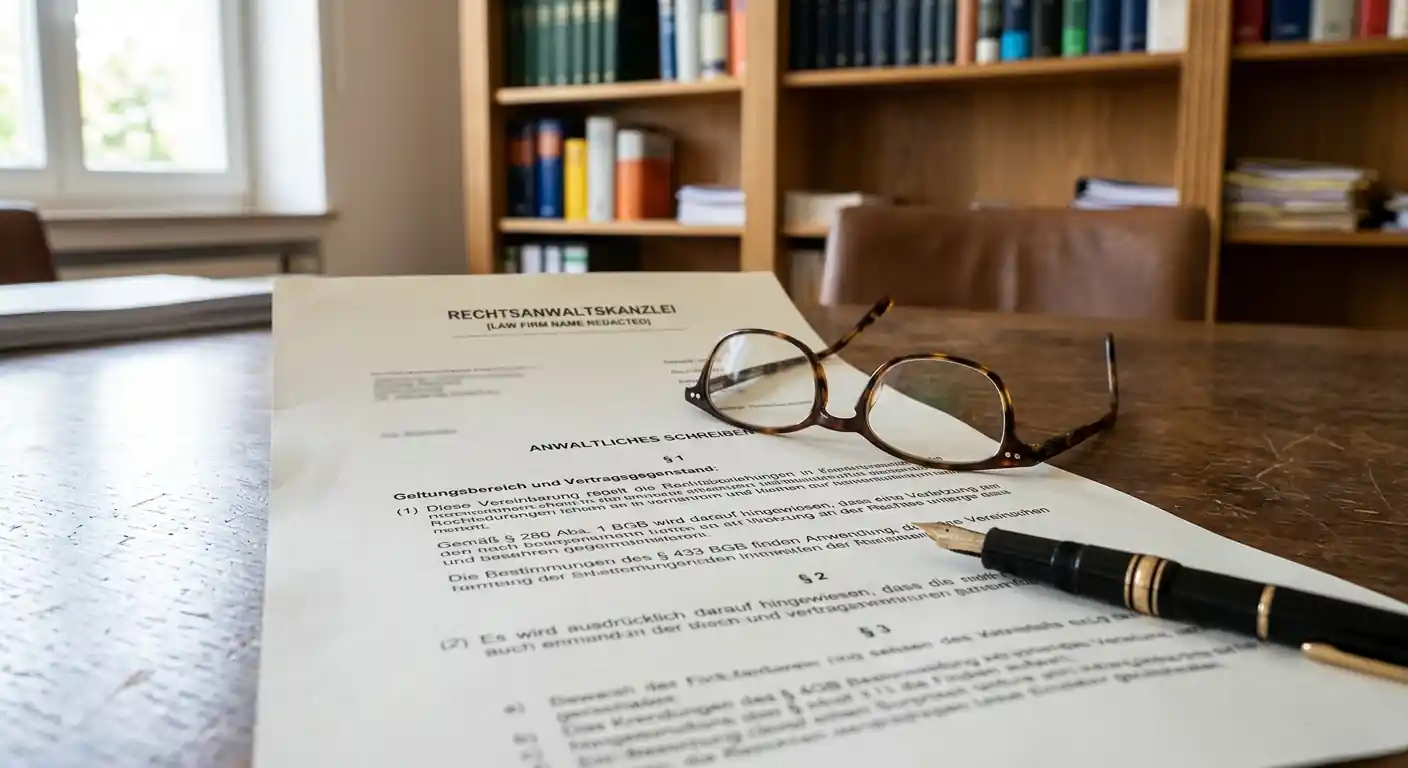 Hand hält gedrucktes Gesetzesdokument mit markierten Paragraphen, Notizen sichtbar auf Schreibtisch