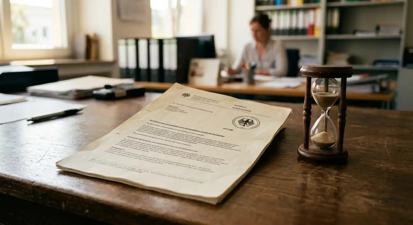 Offizielles Dokument mit Stempel neben einer Sanduhr auf einem Schreibtisch