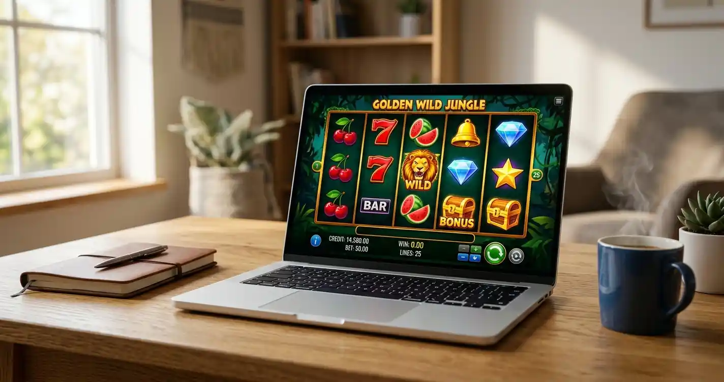Moderner Laptop auf Schreibtisch mit bunten Spielautomaten-Symbolen auf dem Bildschirm ohne Anmeldemaske