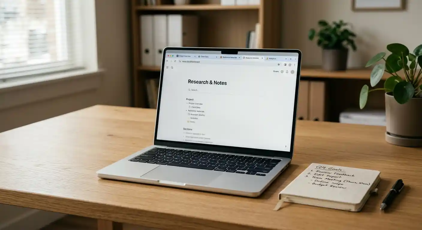 Laptop auf Schreibtisch mit mehreren geöffneten Browserfenstern und Notizblock