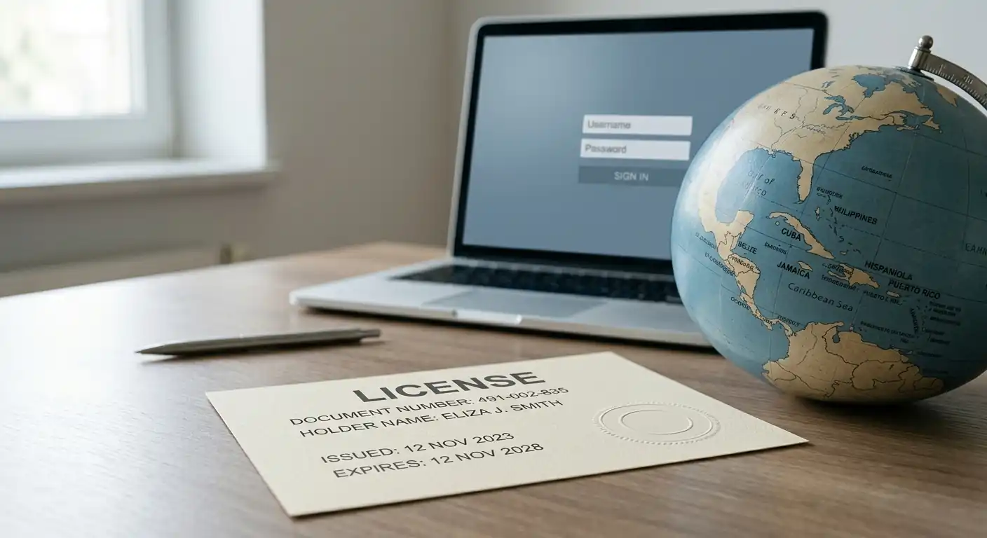 Lizenzdokument mit Siegel neben einem Globus mit Blick auf die Karibik als Sinnbild für internationale Curaçao-Lizenzen