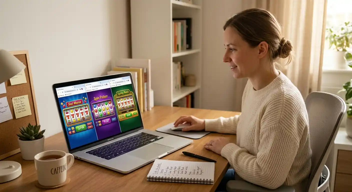 Vergleich mehrerer Browser-Tabs mit kostenlosen Casino-Demos auf dem Laptop