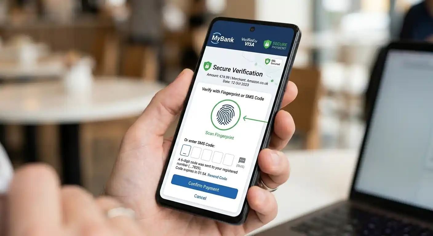 Smartphone mit 3D Secure Authentifizierung und Sicherheitssymbolen