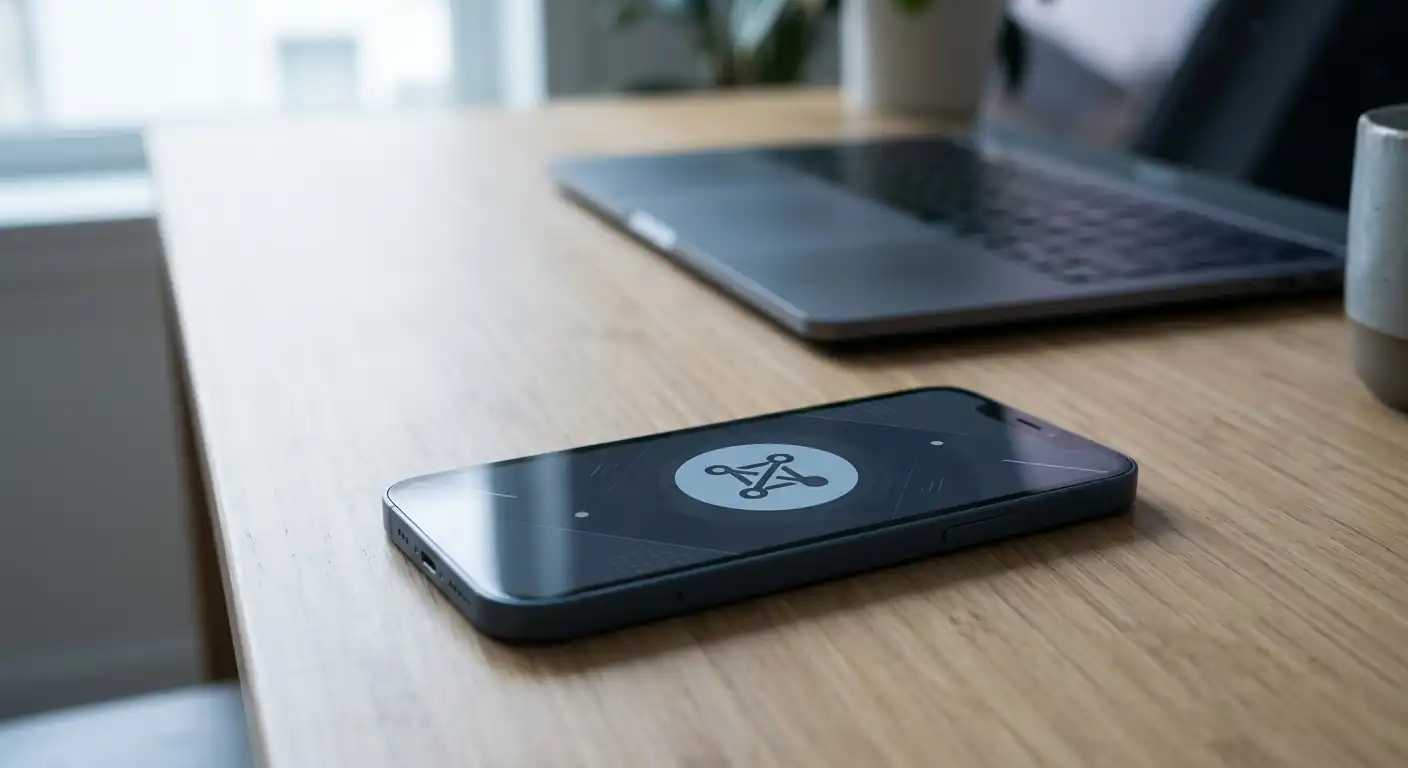 Smartphone mit abstrakter digitaler Geldbörse auf einem sauberen Schreibtisch