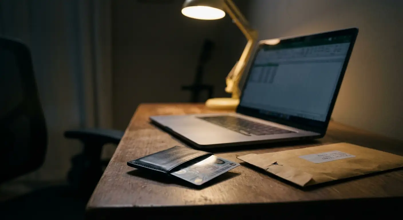 Verdeckter Ausweis und verschlossene Dokumente neben einem Laptop in einem ruhigen Arbeitszimmer