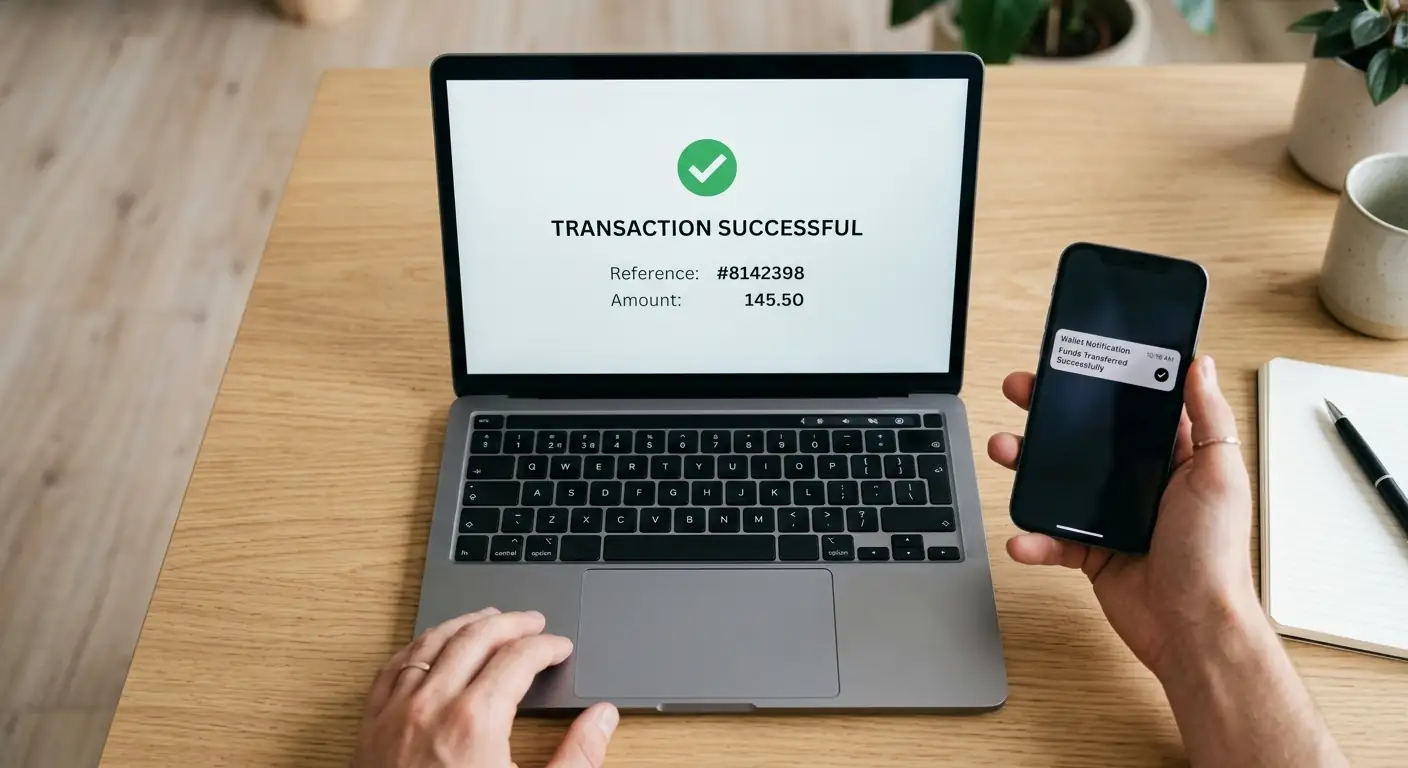 Laptop mit Transaktionsbestätigung und Smartphone-Wallet auf hellem Holztisch