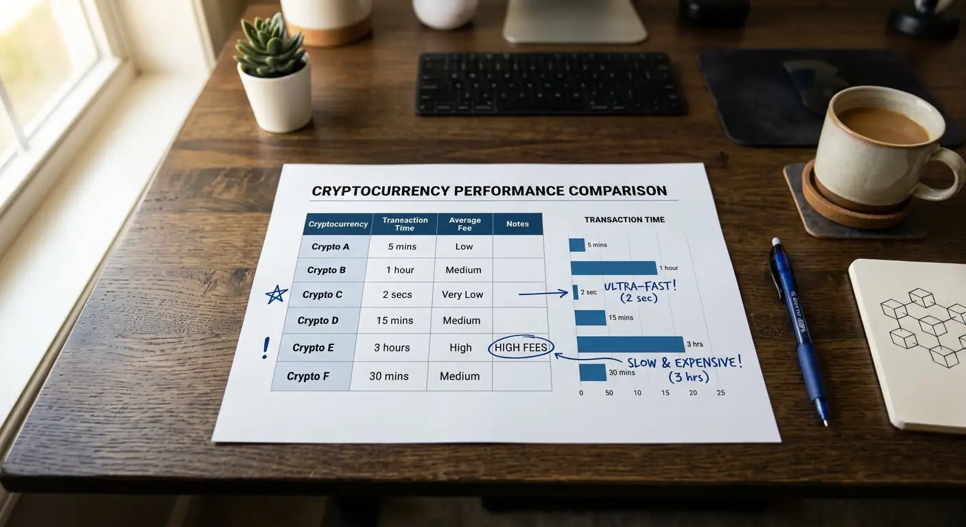 Vergleichsgrafik verschiedener Kryptowährungen mit Transaktionszeiten