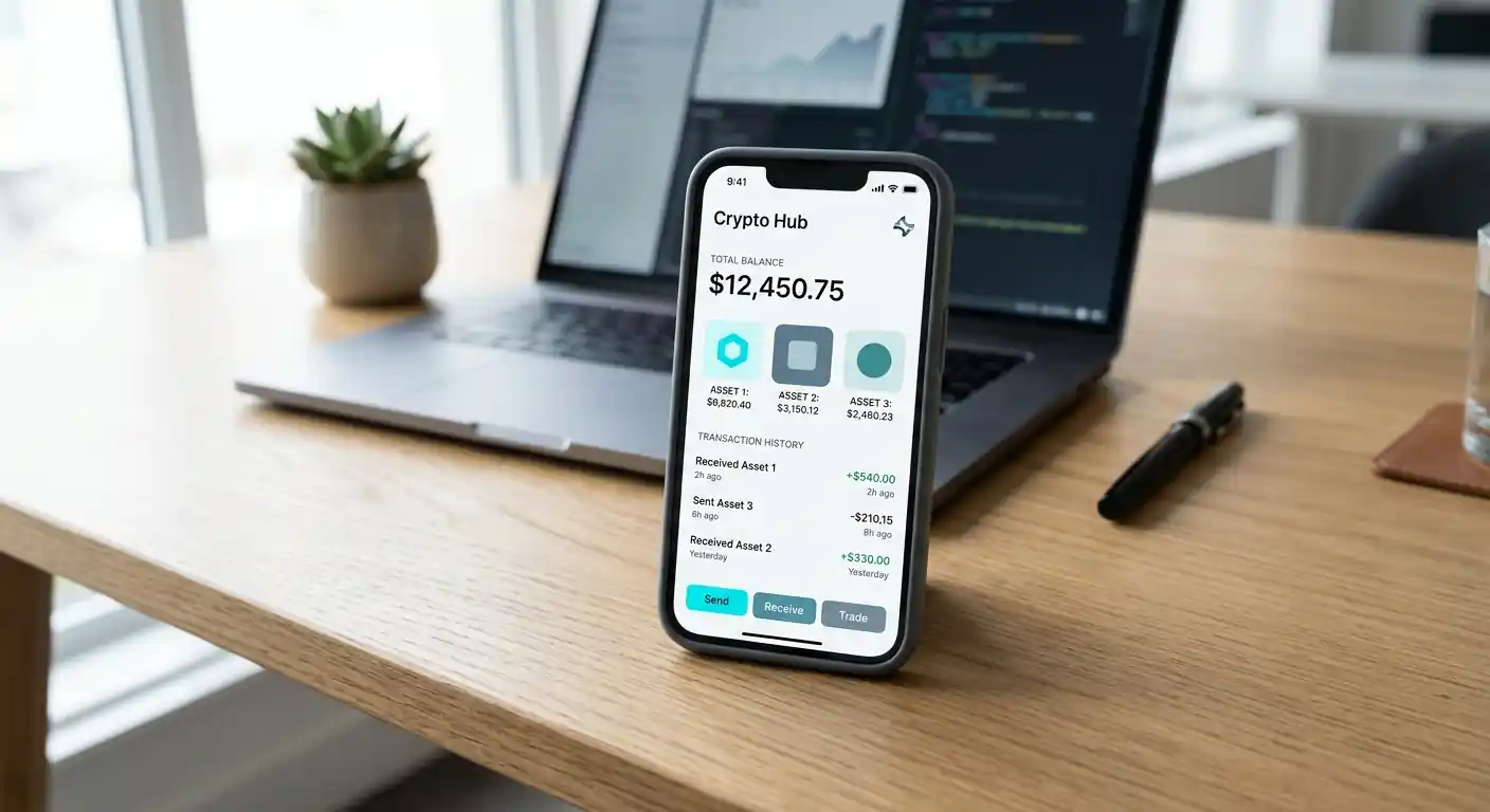 Smartphone zeigt Krypto-Wallet-Interface mit abstrakten Coin-Symbolen, Laptop im Hintergrund