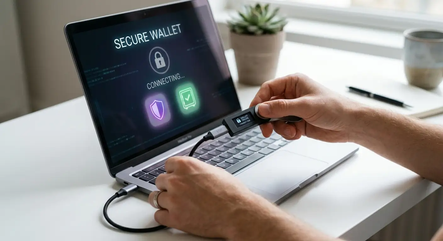 Hände verbinden eine Hardware-Wallet über USB mit einem Laptop