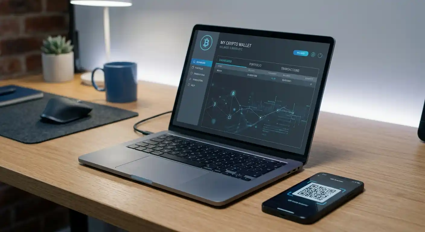 Laptop mit Bitcoin-Wallet und QR-Code auf Smartphone-Display