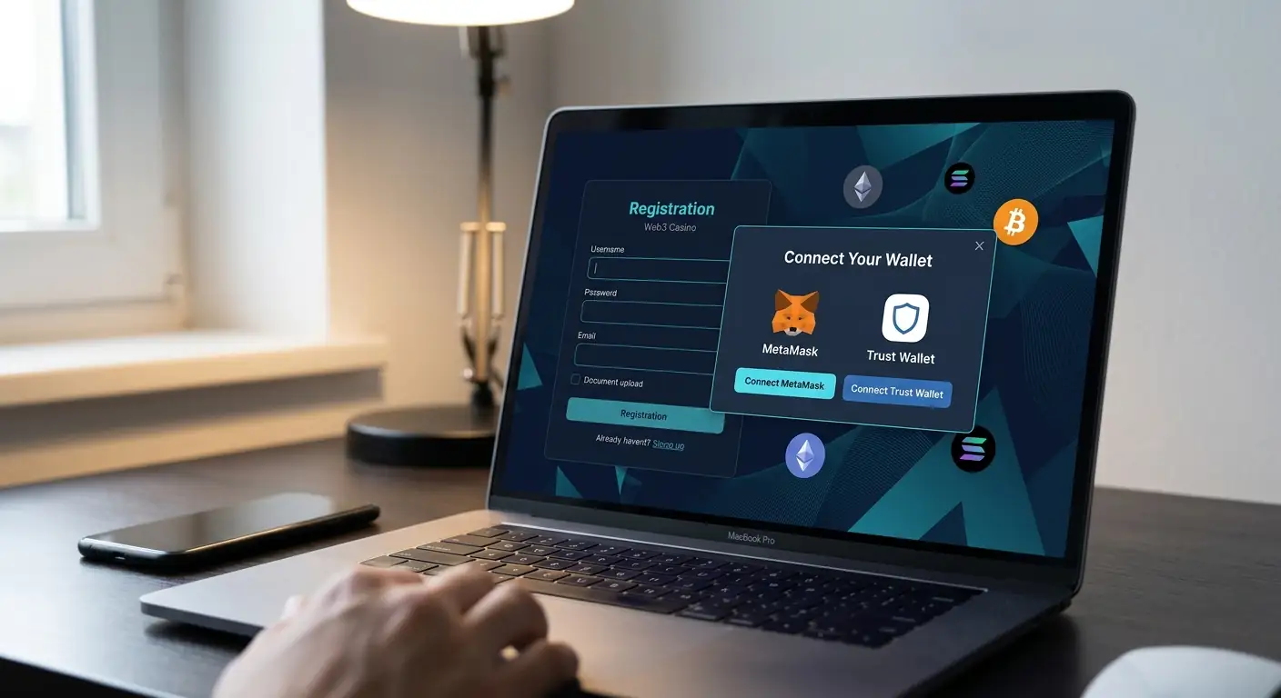 Laptop-Bildschirm mit geöffneter Krypto-Casino-Oberfläche ohne Ausweis-Upload-Feld, Web3-Wallet-Verbindung aktiv