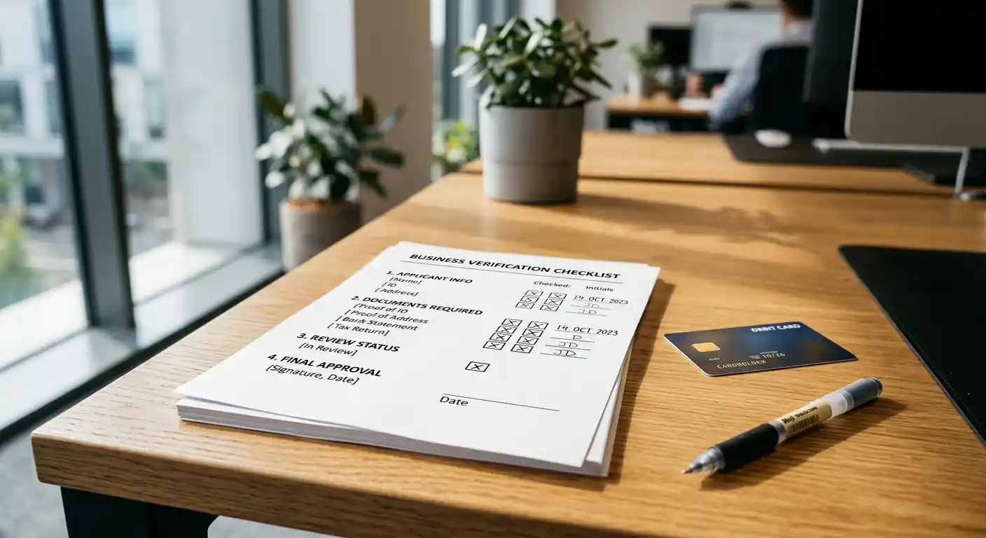 Dokument mit Verifizierungs-Checkliste und Bankkarte auf Schreibtisch
