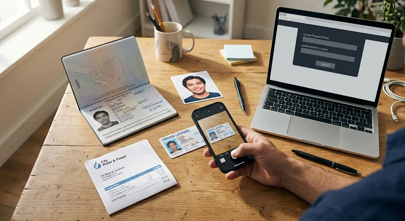 KYC-Verifizierungsdokumente auf einem Schreibtisch