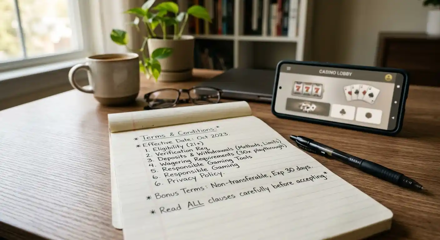Schreibtisch mit Notizen zu Bonusbedingungen und Umsatzanforderungen
