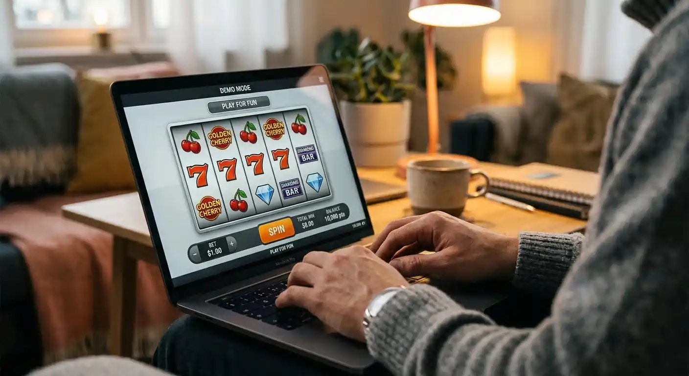 Person am Laptop mit Demo-Modus eines Online-Slots auf dem Bildschirm