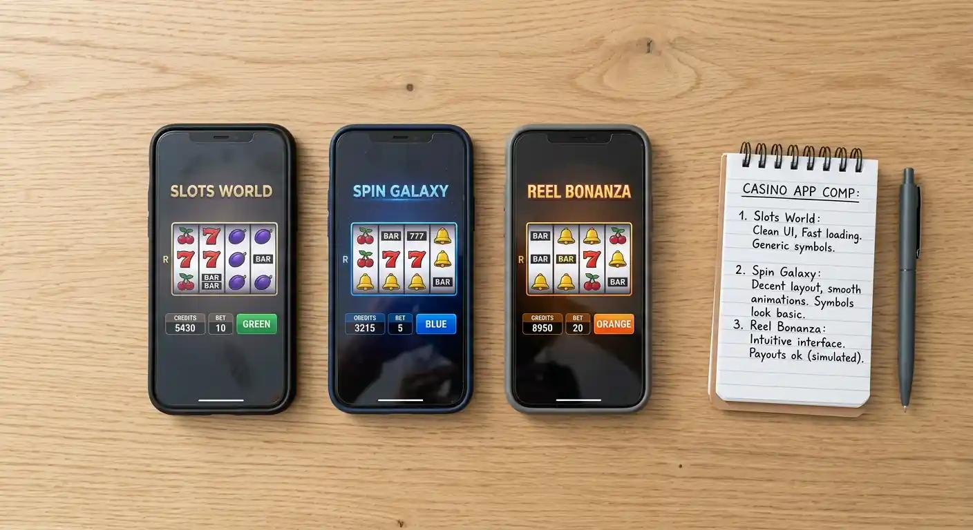 Drei Smartphones nebeneinander mit neutralen Casino-App-Oberflächen