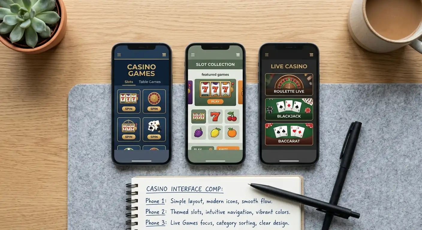 Drei Smartphones mit verschiedenen legalen Casino-Oberflächen nebeneinander auf Schreibtisch