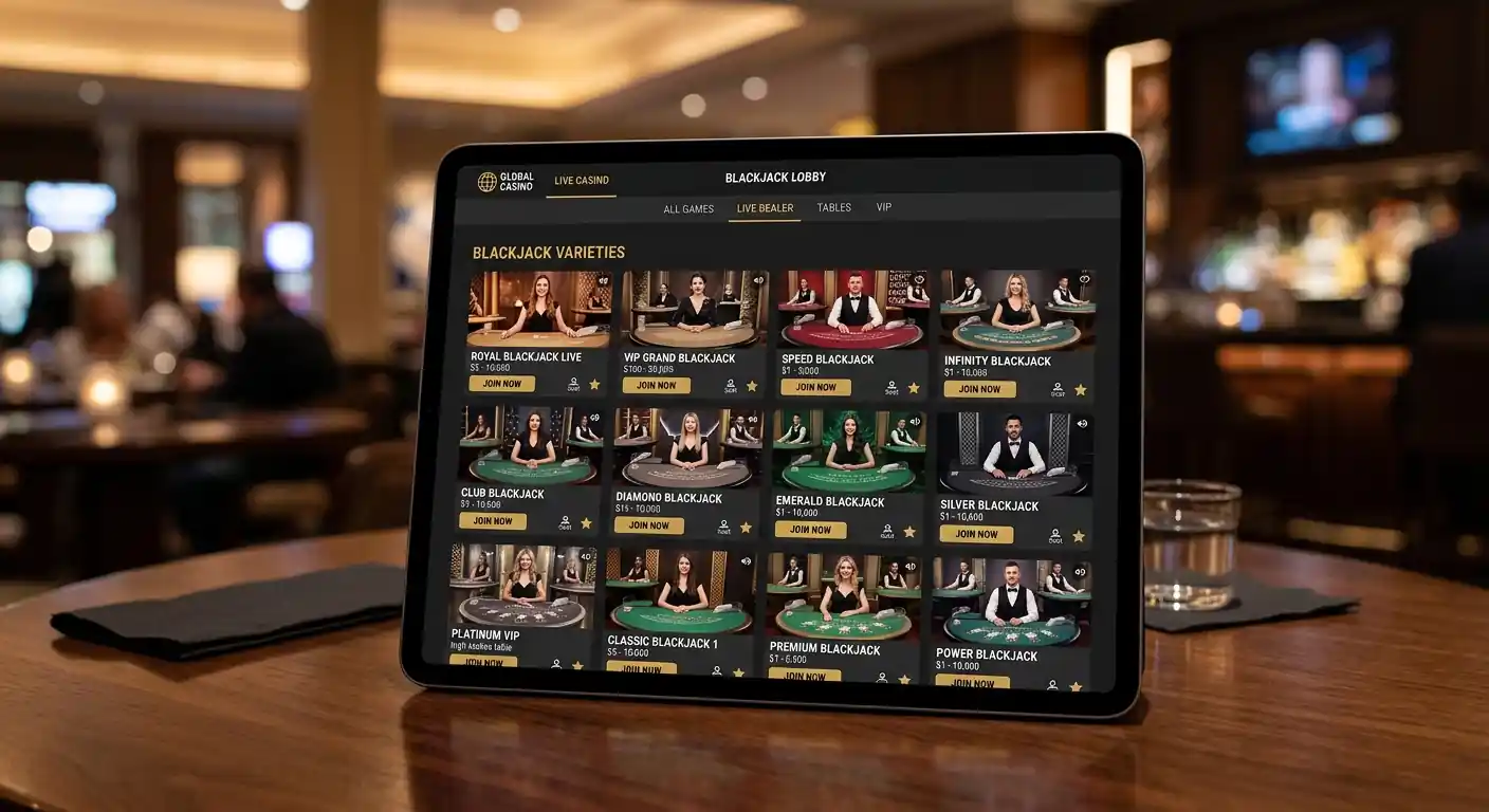 Verschiedene Live-Blackjack-Varianten auf Casino-Interface dargestellt